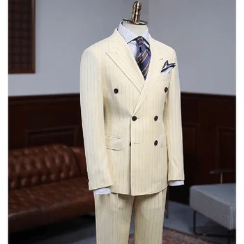 Pinstripe Vyriški kostiumai Fashion Peak Lapel Double Breasted Male Suit Business Casual Wedding Tuxedo 2 Piece Set Blazer with Pants