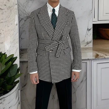plediniai dvigubos krūtinės vestuviniai kostiumai vyrams 2023 m Slim Fit Houndstooth Groom Tuxedo Custom Vyriškas mados kostiumas (švarkas + kelnės)