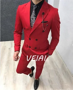 Red Handsome Double-Breasted Groomsmen Peak Lapel Groom Tuxedos Vyriški kostiumai Wedding/Prom/Dinner Best Man Blazer(Švarkas+Kelnės+Kaklaraištis)