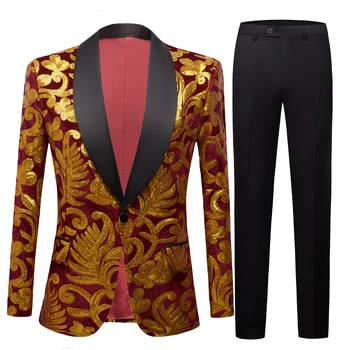 Sequins Velvet Series Mens Fashion Shawl Lapel Floral Sequins Royal wine red Velvet Slim Fit Blazer Stage Singer Suit Jacket
