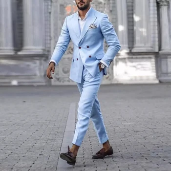 Sky Blue Double Breast Wedding Suits for Men Groom Tuxedo Formal Two Piece Set Slim Fit Blazers Vyriškas kostiumas Kostiumas Homme
