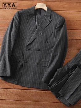 Smart Casual Office Vyriški dryžuoti kostiumai Komplektas Verslo oficialus retro dvivietis švarkas Švarkas Tiesios kelnės Vyriškos dviejų dalių komplektas