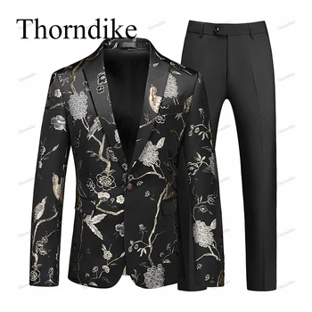 Thorndike vyriškų kostiumų vakarėlis Prom Tuxedo Slim Fit 2vnt švarko kelnių komplektas Specialiai pasiūti žakardo kostiumai vyrams Gėlių kostiumas Homme