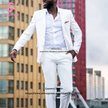 Vasaros balti vestuviniai kostiumai vyrams Slim Fit 2 dalių švarko kelnių komplektas Verslo švarkas Oficialus Afrikos jaunikis Tuxedo Trajes De Homme