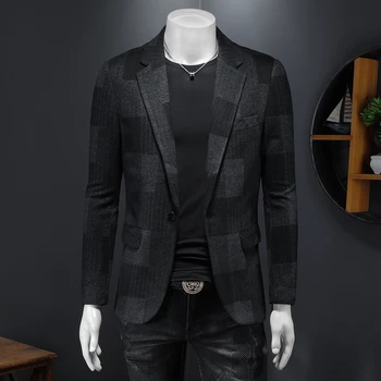 Vieno mygtuko plediniai švarkai vyrams Slim Premium Business Casual Black Fashion Gentleman Quality Draping Cutting Terno Masculino