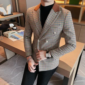 Vyriškas dviviečius verslo laisvalaikio kostiumo švarkas su pledo pleistro dizainu, Vyriškas Blazer Slim Fit , Blazer Verde Hombre