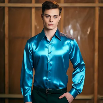 Vyriški marškiniai ilgomis rankovėmis Blizgus šilkas Satino marškinių stovas Apykaklė Vienspalvis Ruduo Aukštos kokybės Laisvalaikis ir stilingas