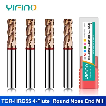 YIFINO TGR-HRC55 4-fleitos raudonojo žiedo volframo plieno karbidas Apvalus nosies frezavimo pjoviklis CNC mechaninis apdirbimas Galiniai malūno įrankiai
